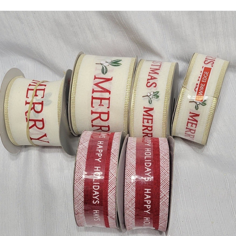 Place & Time Christmas Ribbon Lot 6 Merry Christmas Happy Holidays Wire Edge